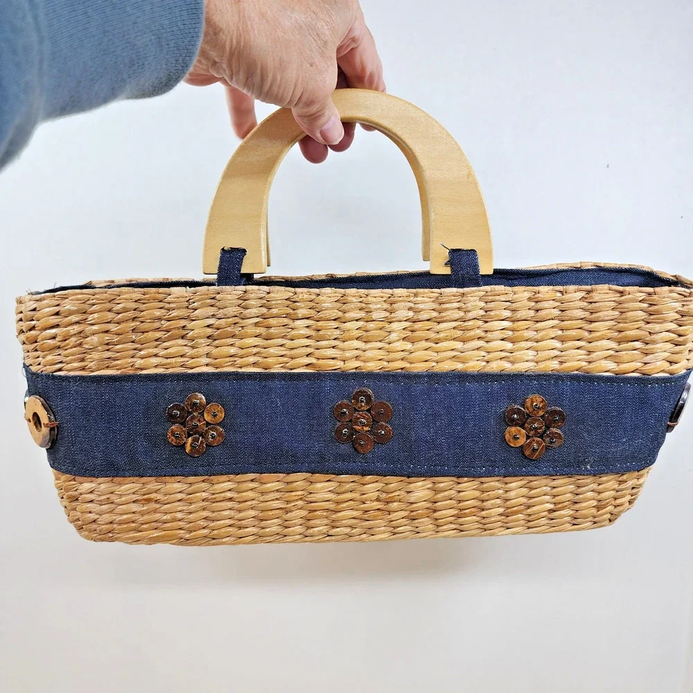 Straw Basket Purse Denim Accent Wooden Handles Beach Cottagecore Bag 10x5.5